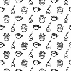 Vector hand drawn seamless pattern with different sweet icons isolated on white background. Doodle jam, jar of honey, cup, mug wrap in line art style for a cafe decor. Adult and kids coloring page