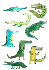 Fototapeta premium A set of cute watercolor crocodiles, illustration