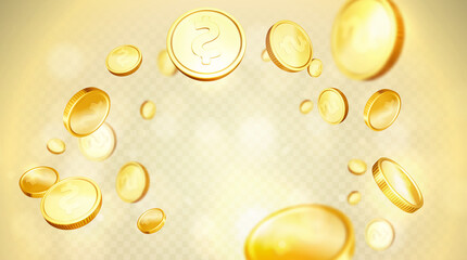Realistic explosion of gold coins. Isolated on a transparent background.