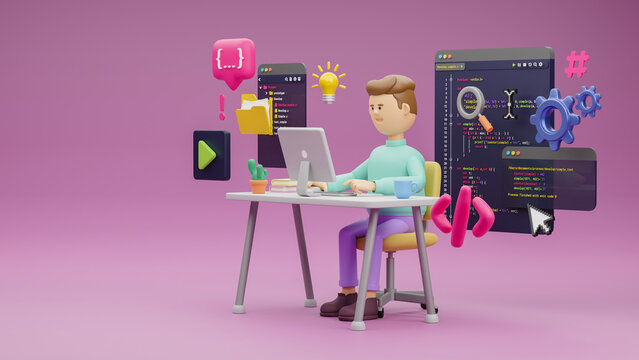 Programmer developer typing script source languages coding symbols  icon development project data programming software engineering IT technologies computer. 3d rendering.