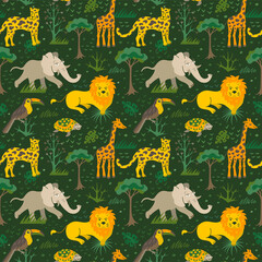 African animals seamless pattern with elephants, giraffes, turtles, leopards and toucans in tropical forest 