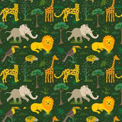 Tapeten African animals seamless pattern with elephants, giraffes, turtles, leopards and toucans in tropical forest  © Iuliia