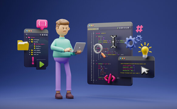 Programmer developer typing script source languages coding symbols  icon development project data programming software engineering IT technologies computer. 3d rendering.