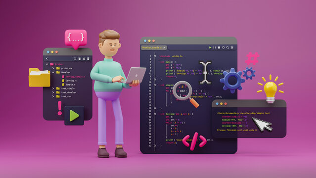 Programmer developer typing script source languages coding symbols  icon development project data programming software engineering IT technologies computer. 3d rendering.
