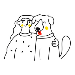 Young woman embraces retriever. Vector outline illustration on white background.