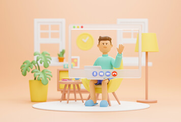 Work from home office quarantine. Freelancer character working business from home using remotely laptop computer video call online webcam conference meeting creative group. 3d rendering.