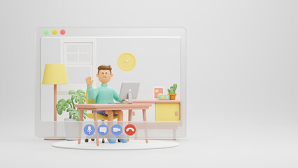Obraz premium Work from home office quarantine. Freelancer character working business from home using remotely laptop computer video call online webcam conference meeting creative group. 3d rendering.