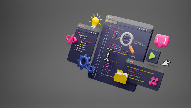 Programmer developer typing script source languages coding symbols  icon development project data programming software engineering IT technologies computer. 3d rendering.
