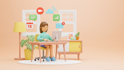 Work from home office quarantine. Freelancer character working business from home using remotely laptop computer video call online webcam conference meeting creative group. 3d rendering.