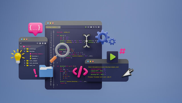 Programmer developer typing script source languages coding symbols  icon development project data programming software engineering IT technologies computer. 3d rendering.