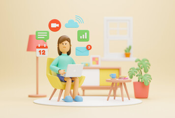 Work from home office quarantine. Freelancer character working business from home using remotely laptop computer video call online webcam conference meeting creative group. 3d rendering.