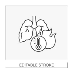  Healthcare line con. Burned lungs due to covid19 disease. Fire in internal organs. Electronic thermometer concept. Isolated vector illustration. Editable stroke