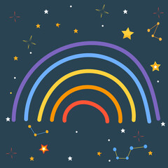 rainbow flat design on starry sky background, vector