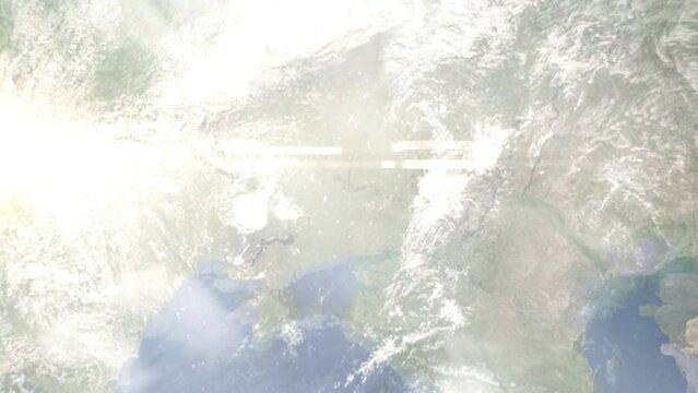 Earth zoom in from outer space to city. Zooming on Kramatorsk, Ukraine. The animation continues by zoom out through clouds and atmosphere into space. Images from NASA