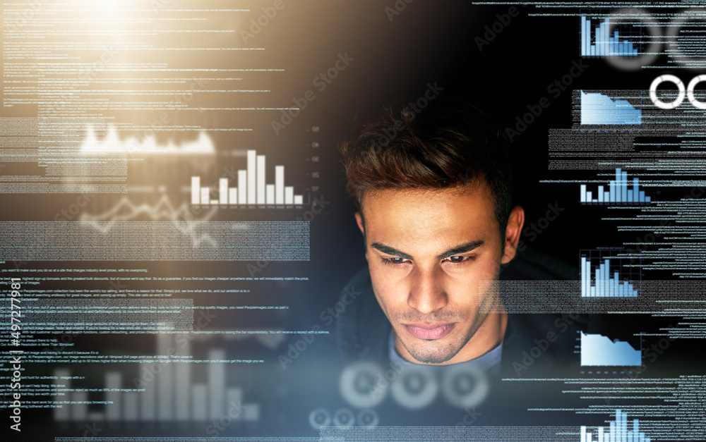 Poster Reading through open source information. Cropped shot of a handsome young male computer programmer working on new code.