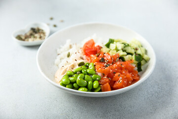 Homemade poke bowl with smoked salmon