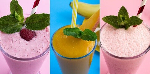 Collage of summer drinks. Milkshakes with berry and smoothie with mango in the drinking glass on...