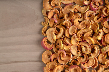 Dried natural sliced apples pile background,directly above	
