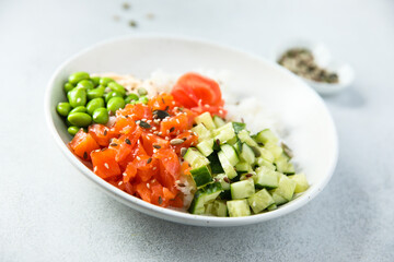 Homemade poke bowl with smoked salmon