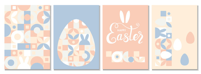 Set of cover templates for the Spring holiday Easter with a texture of circles and squares. Mosaic with geometric shapes in the style of a Scandinavian pattern, color trend background with eggs.