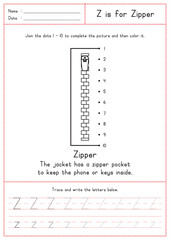 Children Learning Printable - Connecting Dot to Dot, Coloring, Reading and Tracing Alphabet Z