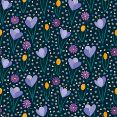 Seamless pattern of lilac and yellow crocus flowers, purple daisies and small ditsy flowers on a dark teal background.
