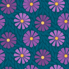 Seamless pattern of purple african daisy style flowers surrounded by teal green leaves.
