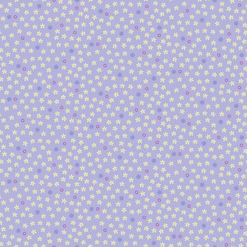 Seamless Pattern Of Small Ditsy Yellow, Blue And Purple Flowers On A Lilac Background.
