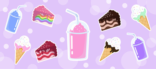 Illustration with goodies.  Cupcakes, muffins, ice cream, donut, lollipop, candy. Sweets banner. Ice cream, piece of cake, milkshake.