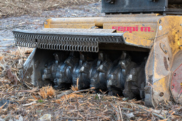 Forestry mulcher attachment for backhoe close up