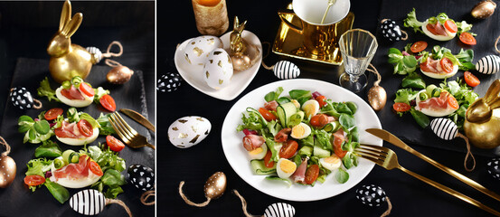 Collage of Easter breakfast with fresh salad and stuffed egg halves on black table