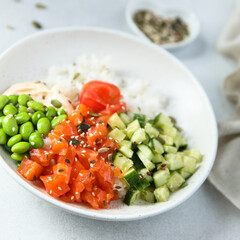 Homemade poke bowl with smoked salmon