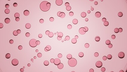 A lot of pink transparent different sized oil drops floating spontaneously against pale pink background | Abstract background for skincare product