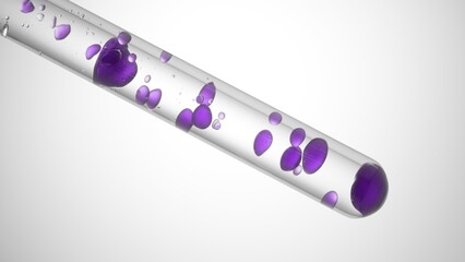 Violet oil is being pouring in test tube with transparent liquid creating violet bubbles on light...
