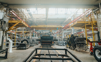 Interior of modern big industrial factory building inside.