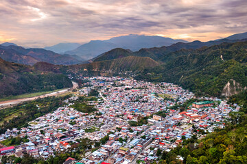 Aerial view of La Merced town in the Chanchamayo river valley in a rainforest of Junin, Peru