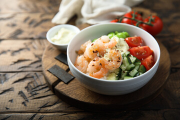 Homemade rice bowl with shrimps and vegetables