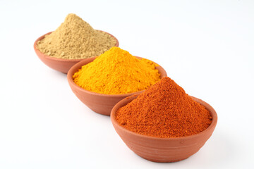 Indian spices, colour full spices in terracotta bowls