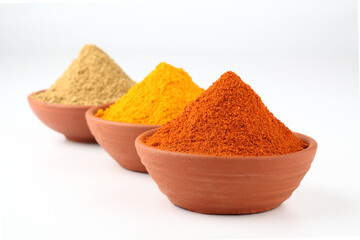 Indian spices, colour full spices in terracotta bowls