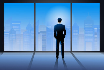 Fototapeta na wymiar businessman standing in office and looking to city