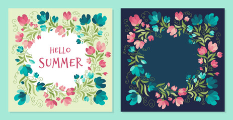 Leave print, frame, banner, template, poster. Spring is coming.  Summer flowers in flat style. Spring, summer mood. 