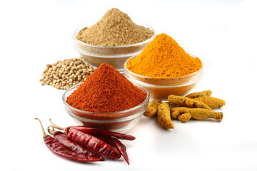 spices,Indian spices, color full spices in glass bowls Chilee,Turmeric, Coriander powders