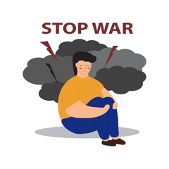 Sitting man silhouette.Stop war in Ukraine