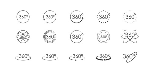 360 degree view set icon. Vector arrows circle, isolated logo, white background - obrazy, fototapety, plakaty