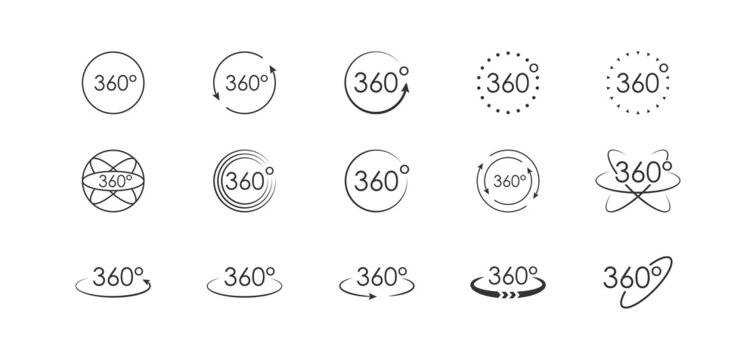 360 degree view set icon. Vector arrows circle, isolated logo, white background