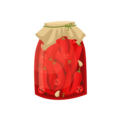 Vector illustration of a jar of pickled chili peppers. Preparations for the winter.
