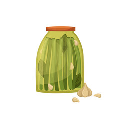 Vector illustration of a jar with pickled green beans. Preparations for the winter.