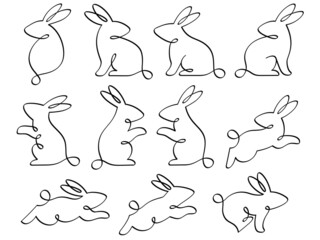 ウサギのカリグラフィー線画イラストセット