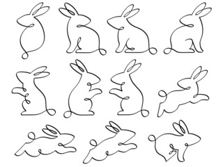 Obraz premium ウサギのカリグラフィー線画イラストセット