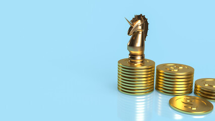 The unicorn and gold coins for start up or business concept 3d rendering
